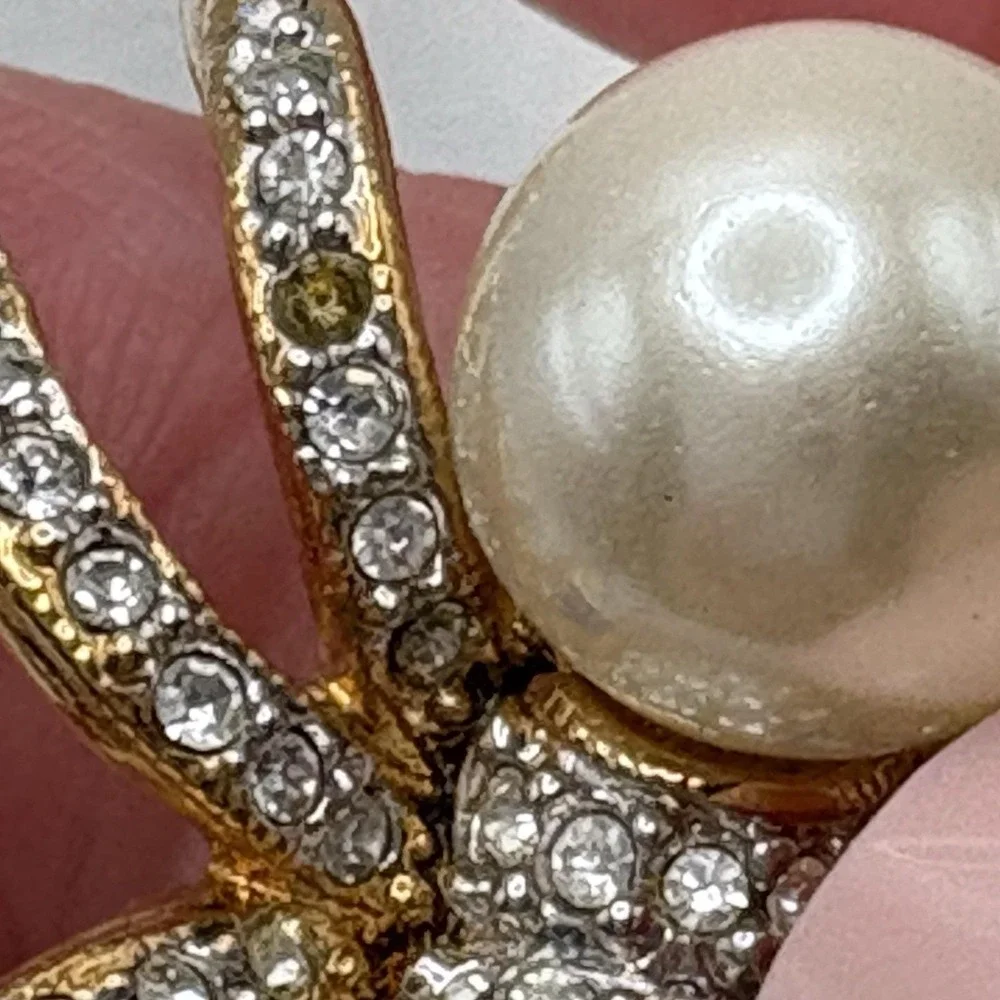 Vintage Swarovski Spider Brooch Pin Gold Tone Faux Pearl 22K Gold Plated